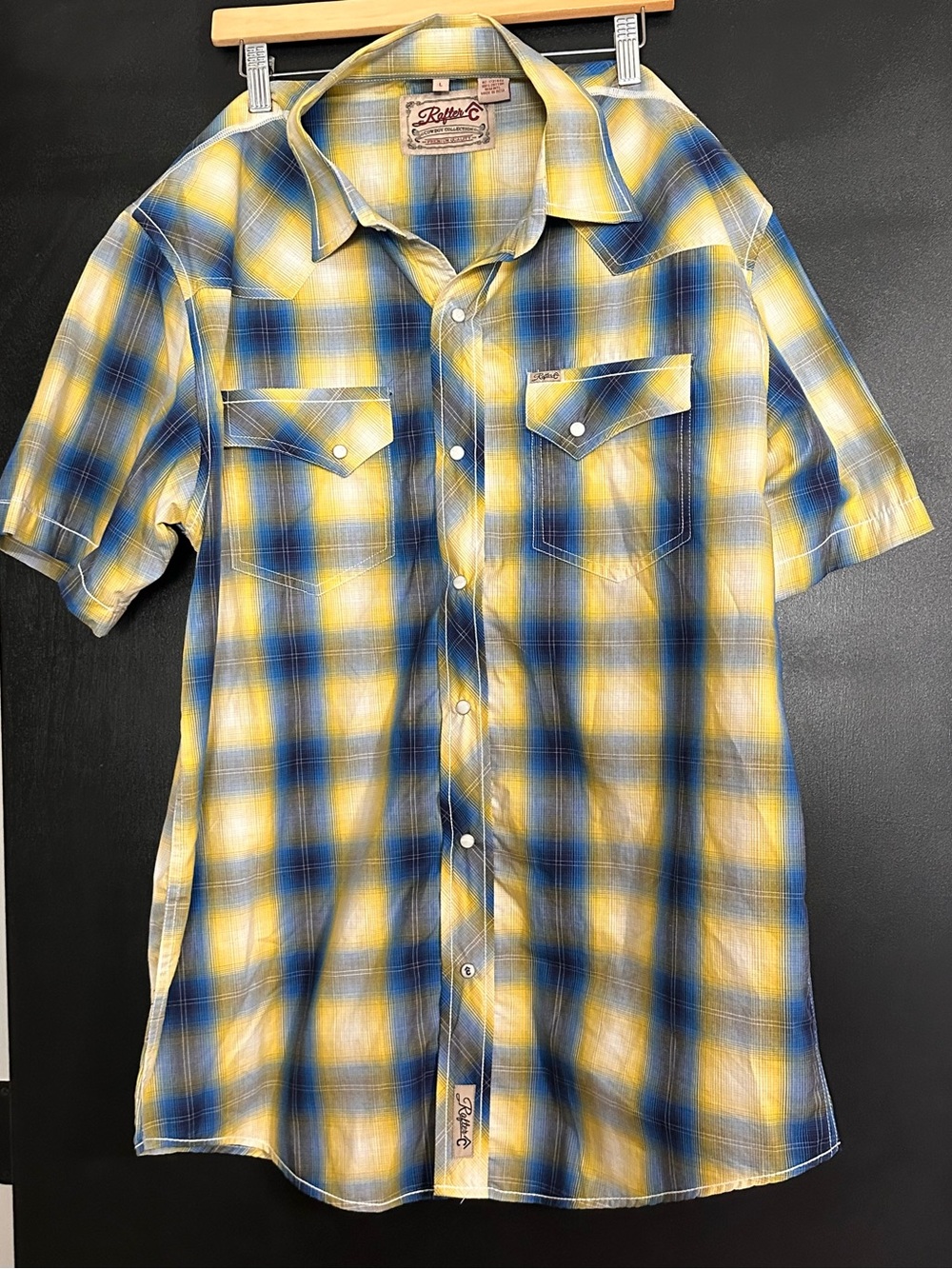 Rafter C Short Sleeve Plaid Button-Front Shirt in Yellow and Blue